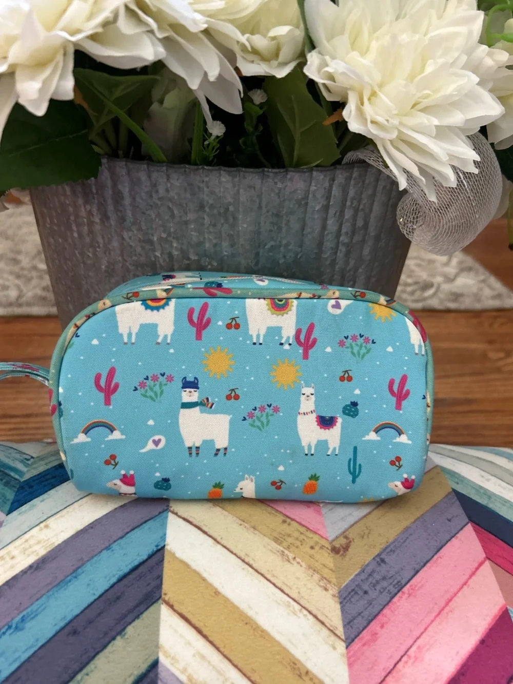 Llama Print Cosmetic Bag Travel Makeup Pouch Blue Wristlet Zip Organizer